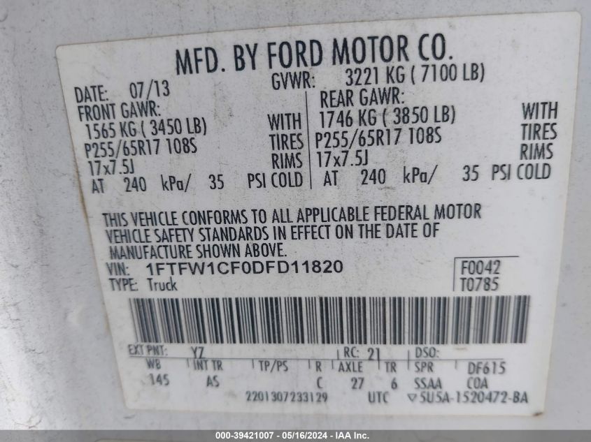 2013 Ford F-150 Xl VIN: 1FTFW1CF0DFD11820 Lot: 39421007