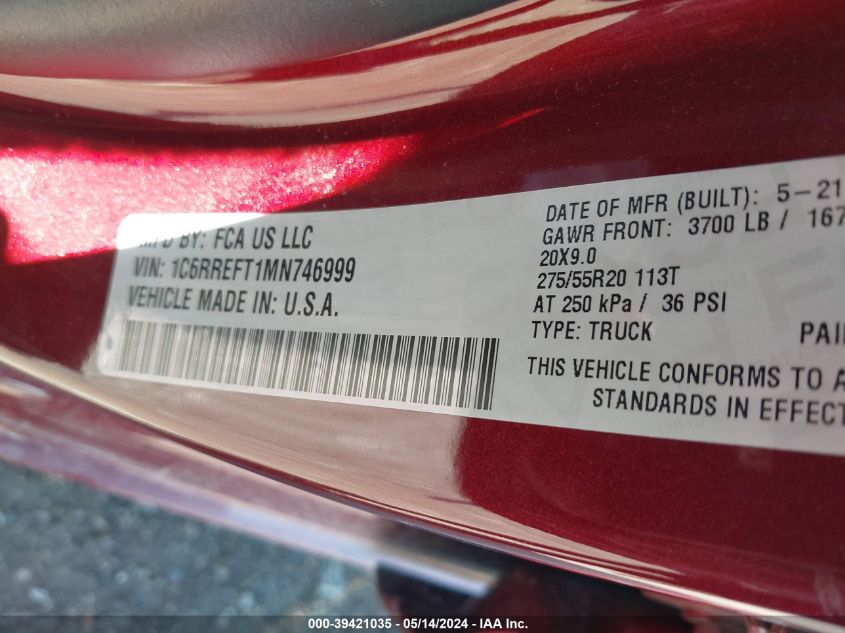 2021 Ram 1500 Lone Star 4X2 5'7 Box VIN: 1C6RREFT1MN746999 Lot: 39421035