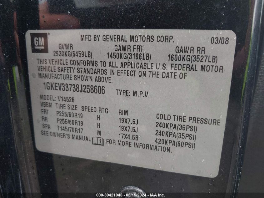 2008 GMC Acadia Slt-2 VIN: 1GKEV33738J258606 Lot: 39421045