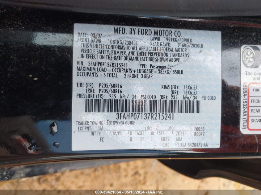 2007 Ford Fusion Se VIN: 3FAHP07137R215241 Lot: 39421054