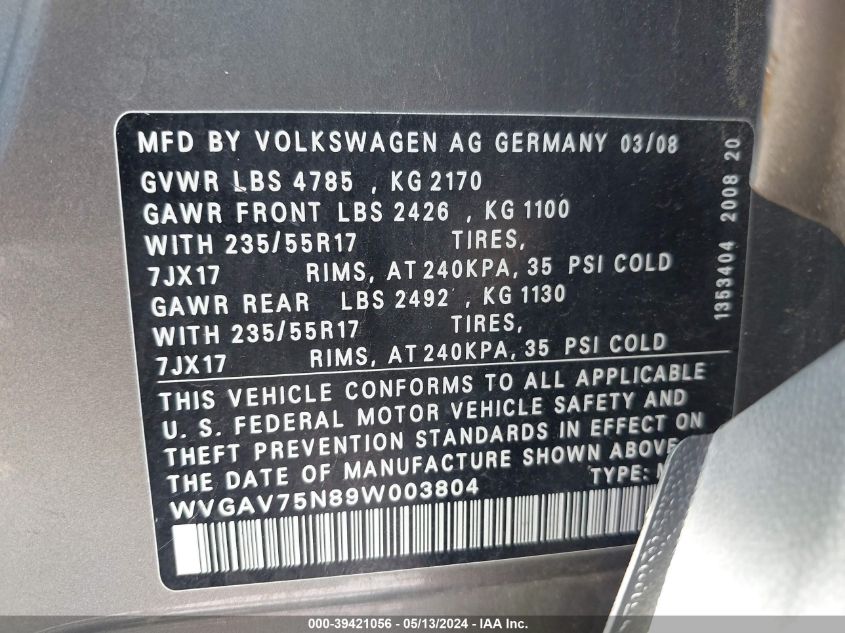 2009 Volkswagen Tiguan S/Se/Sel VIN: WVGAV75N89W003804 Lot: 39421056