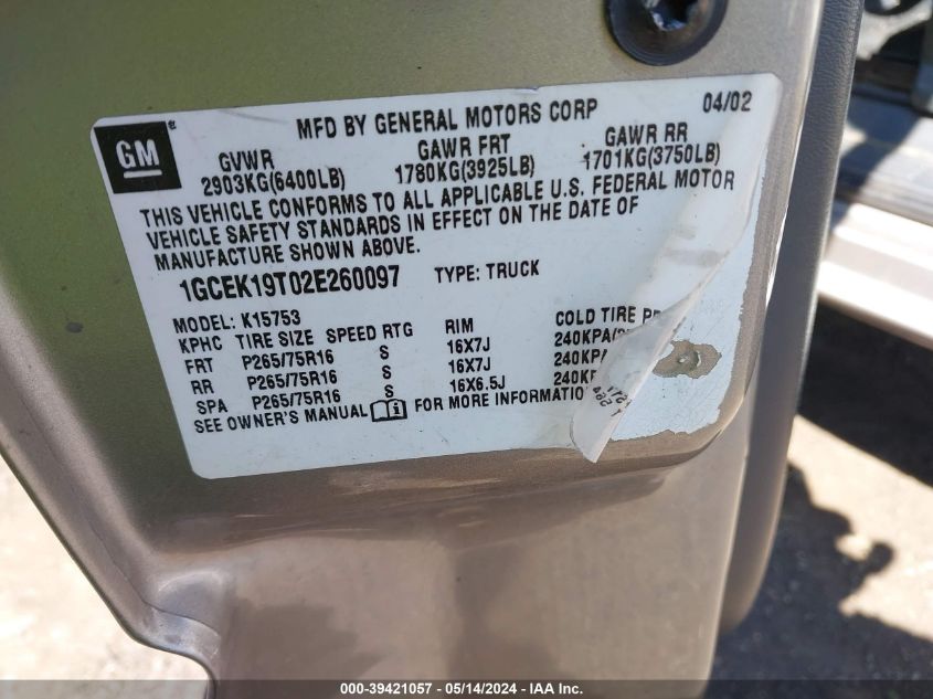 2002 Chevrolet Silverado 1500 Ls VIN: 1GCEK19T02E260097 Lot: 39421057