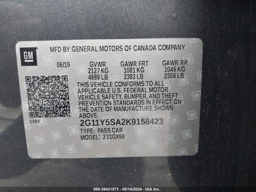2019 Chevrolet Impala Ls VIN: 2G11Y5SA2K9158423 Lot: 39421073
