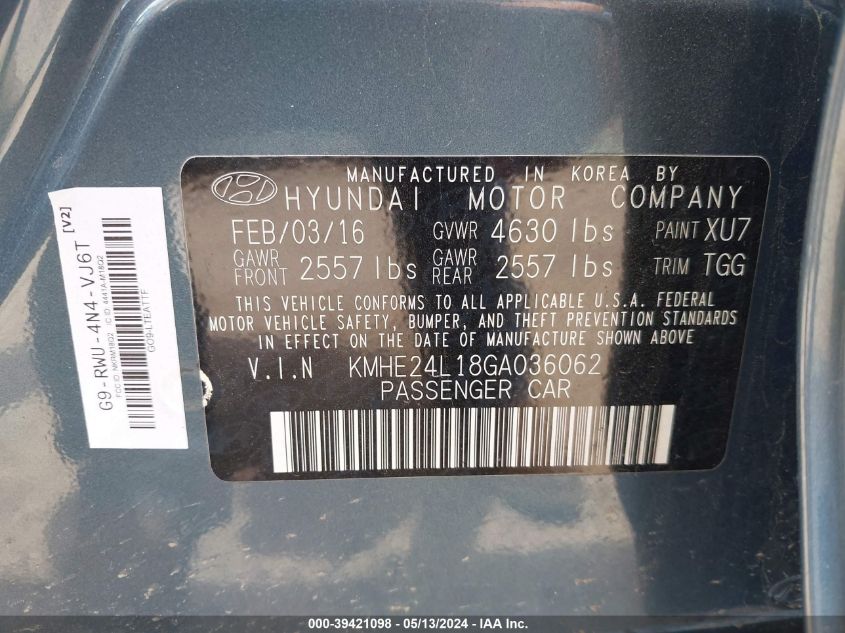 2016 Hyundai Sonata Hybrid Se VIN: KMHE24L18GA036062 Lot: 39421098