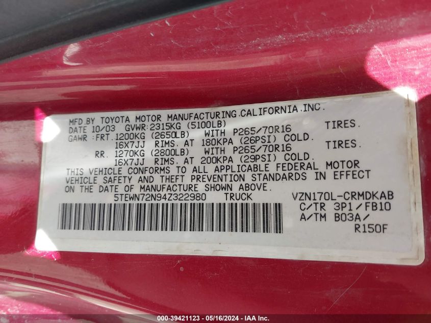 2004 Toyota Tacoma Base V6 VIN: 5TEWN72N94Z322980 Lot: 39421123