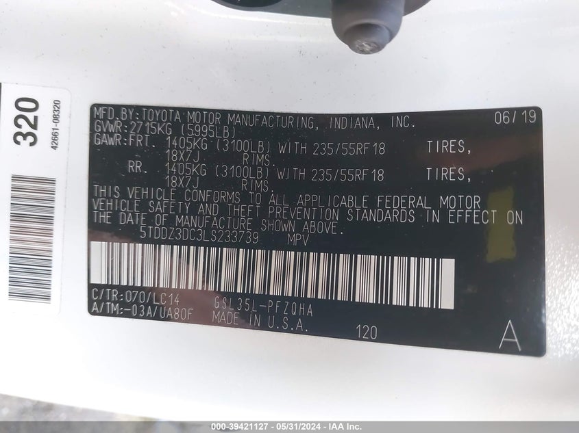 2020 Toyota Sienna Xle VIN: 5TDDZ3DC3LS233739 Lot: 39421127