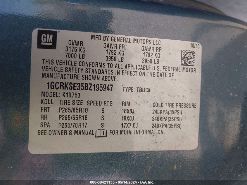 2011 Chevrolet Silverado 1500 Lt VIN: 1GCRKSE35BZ195947 Lot: 39421135