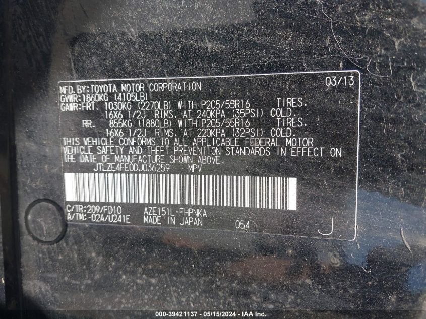 2013 Scion Xb VIN: JTLZE4FE0DJ036259 Lot: 39421137