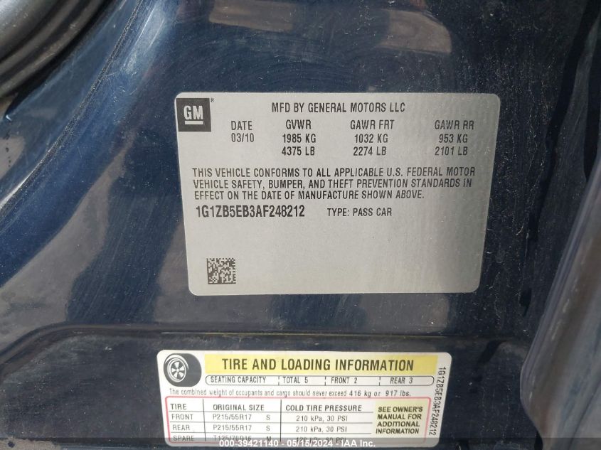 2010 Chevrolet Malibu Ls VIN: 1G1ZB5EB3AF248212 Lot: 39421140