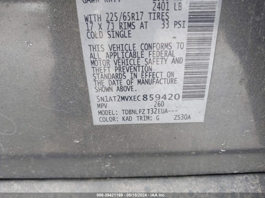 2014 Nissan Rogue S/Sl/Sv VIN: 5N1AT2MVXEC859420 Lot: 39421169