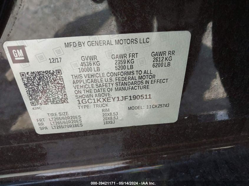 2018 Chevrolet Silverado 2500Hd High Country VIN: 1GC1KXEY1JF190511 Lot: 39421171