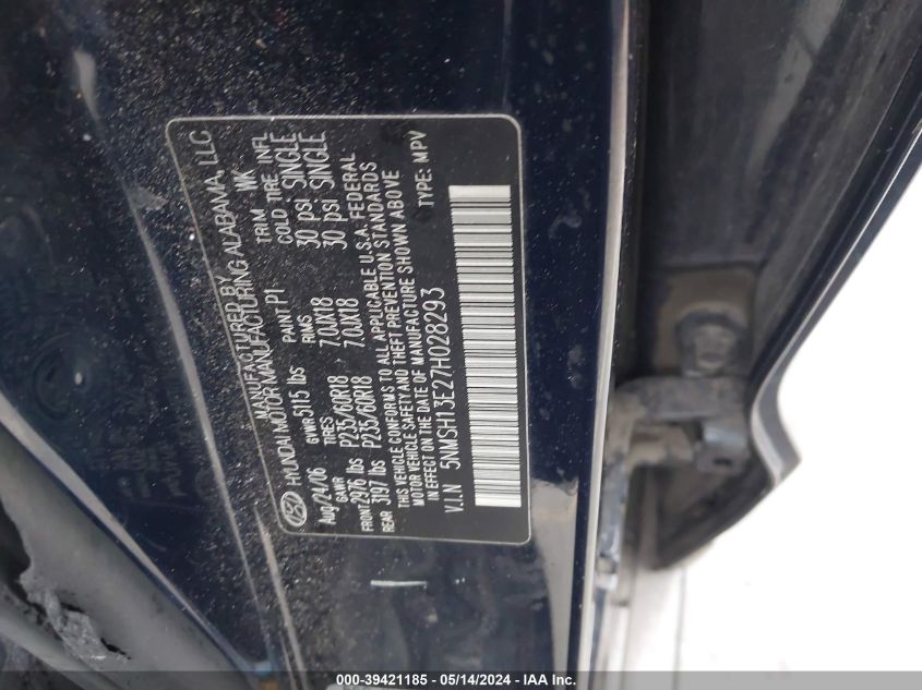 2007 Hyundai Santa Fe Limited/Se VIN: 5NMSH13E27H028293 Lot: 39421185