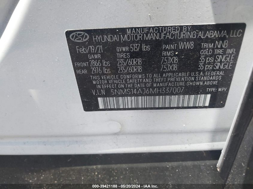 2021 Hyundai Santa Fe Se VIN: 5NMS14AJ6MH337007 Lot: 39421188