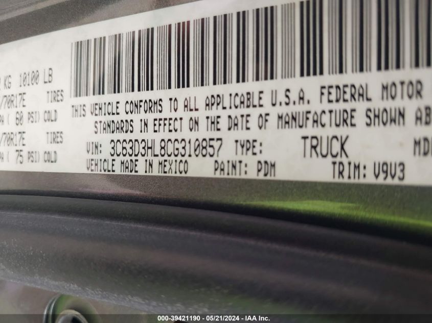 2012 Ram 3500 Slt VIN: 3C63D3HL8CG310857 Lot: 39421190