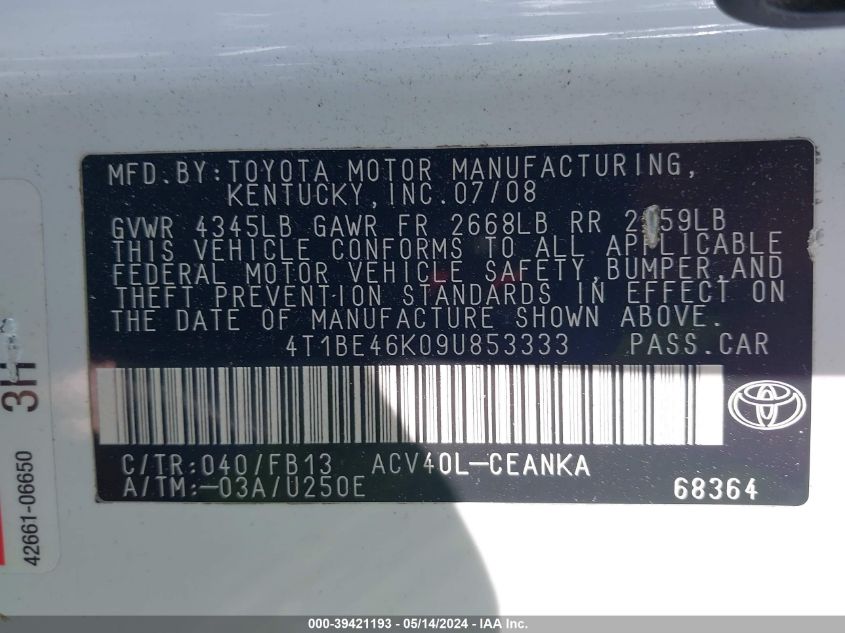 2009 Toyota Camry VIN: 4T1BE46K09U853333 Lot: 39421193