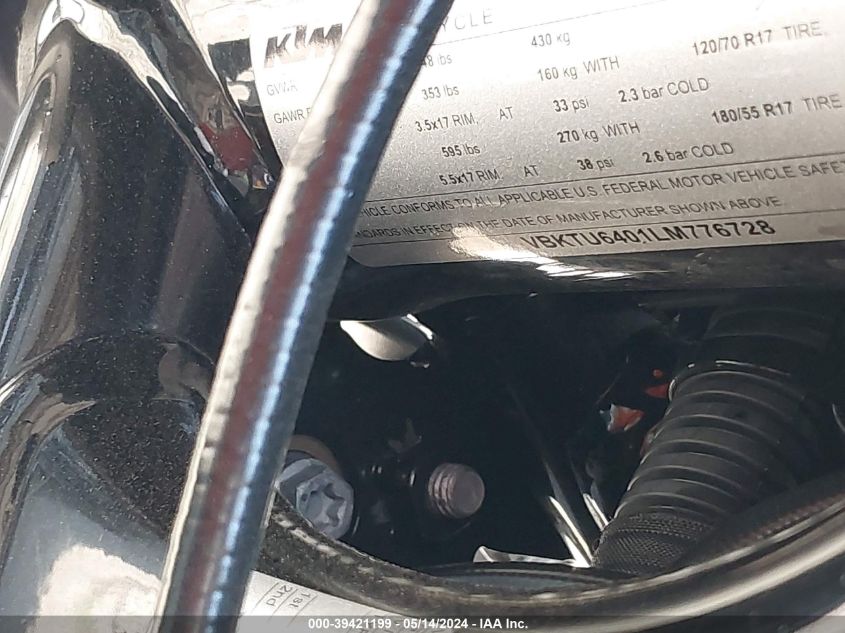 2020 Ktm 790 Duke VIN: VBKTU6401LM776728 Lot: 39421199