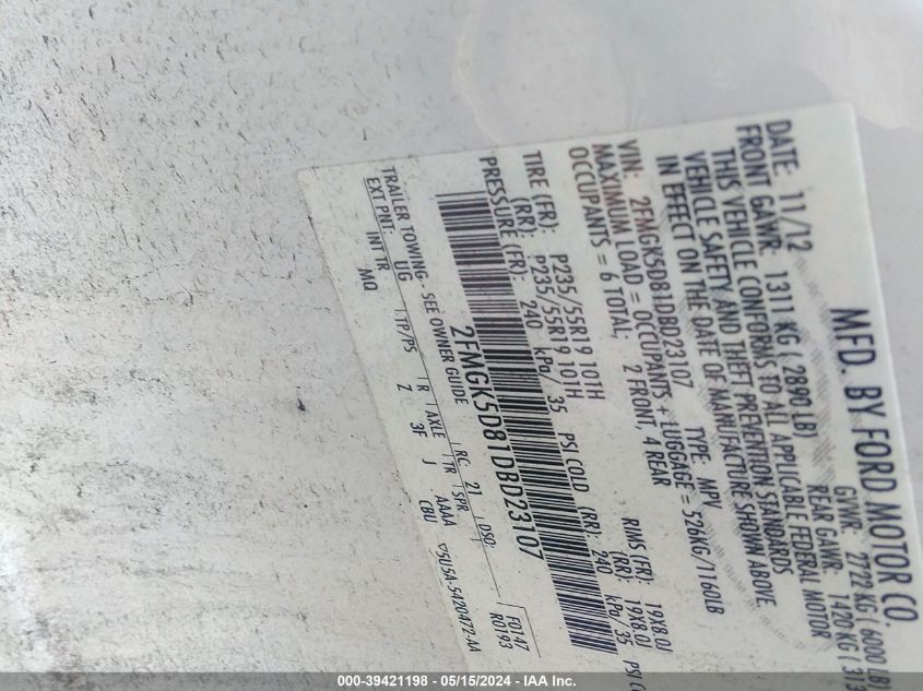 2013 Ford Flex Limited VIN: 2FMGK5D81DBD23107 Lot: 39421198