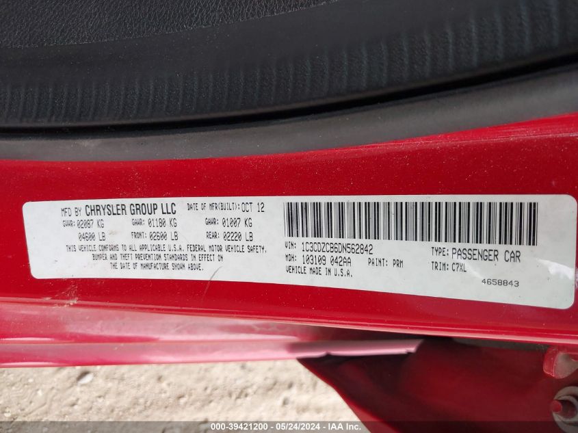 2013 Dodge Avenger Sxt VIN: 1C3CDZCB6DN562842 Lot: 39421200