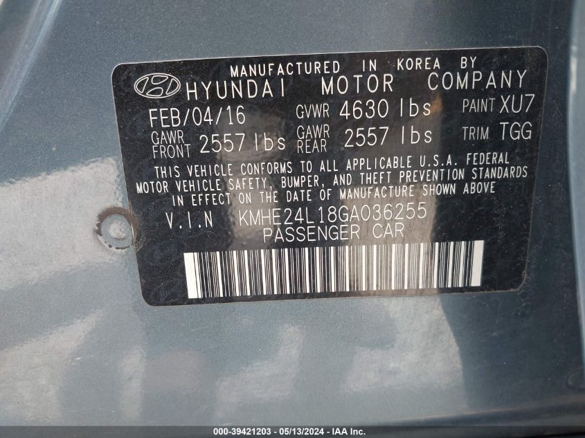 2016 Hyundai Sonata Hybrid Se VIN: KMHE24L18GA036255 Lot: 39421203