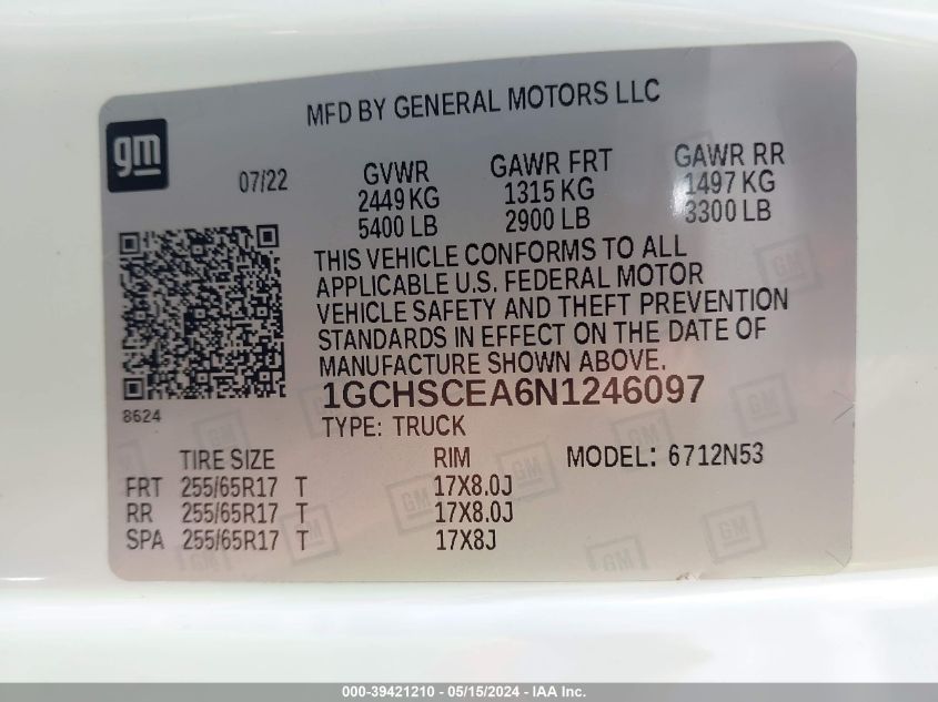 2022 Chevrolet Colorado 2Wd Long Box Lt VIN: 1GCHSCEA6N1246097 Lot: 39421210