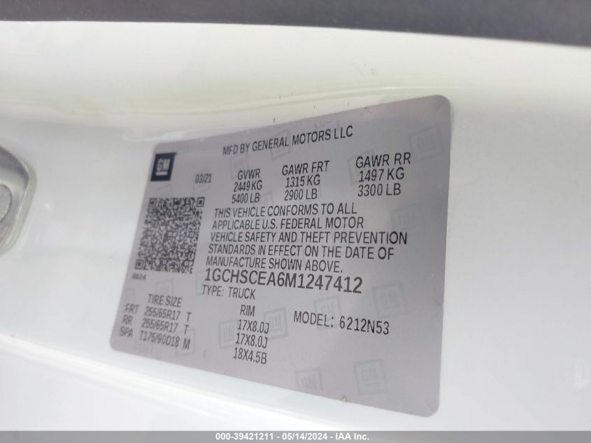 2021 Chevrolet Colorado 2Wd Long Box Lt VIN: 1GCHSCEA6M1247412 Lot: 39421211