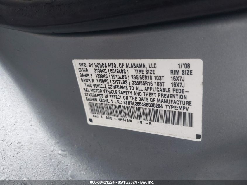 2008 Honda Odyssey Ex-L VIN: 5FNRL38648B030284 Lot: 39421224