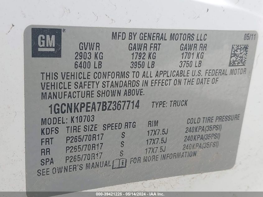 2011 Chevrolet Silverado 1500 Work Truck VIN: 1GCNKPEA7BZ367714 Lot: 39421225