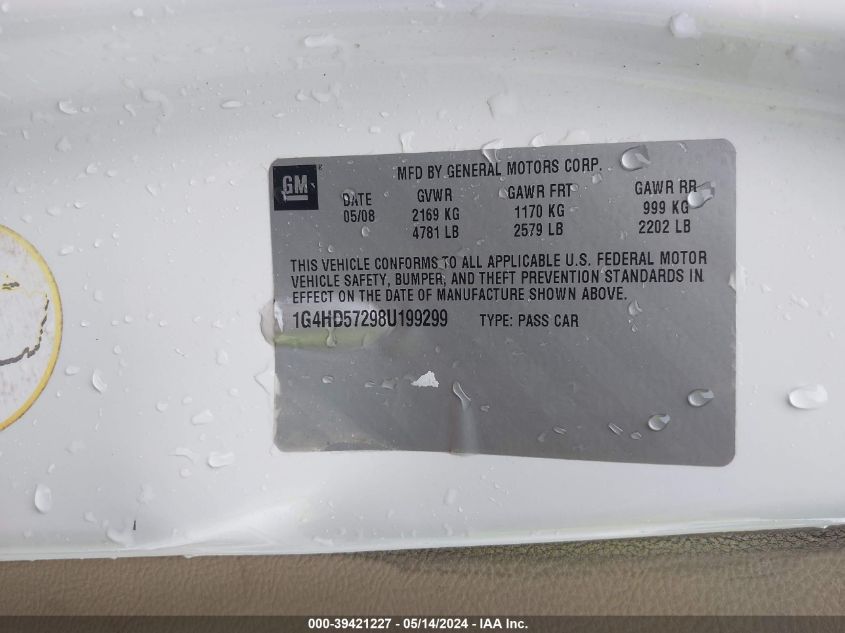 2008 Buick Lucerne Cxl VIN: 1G4HD57298U199299 Lot: 39421227