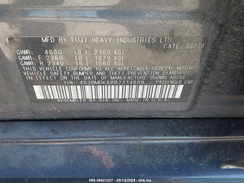 2011 Subaru Legacy 3.6R Limited VIN: 4S3BMDK68B2214909 Lot: 39421237