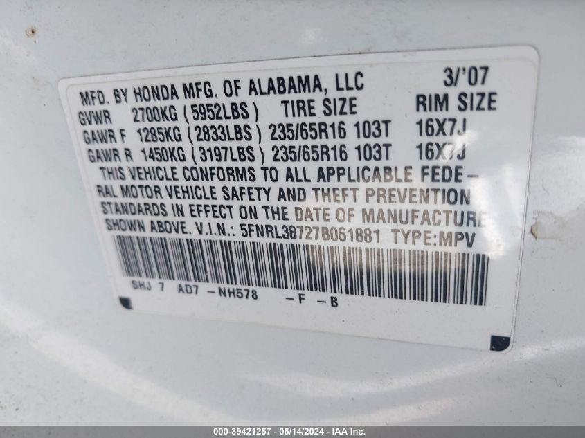 2007 Honda Odyssey Ex-L VIN: 5FNRL38727B061881 Lot: 39421257