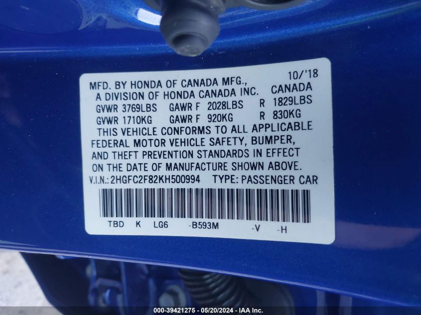 2019 Honda Civic Sport VIN: 2HGFC2F82KH500994 Lot: 39421275