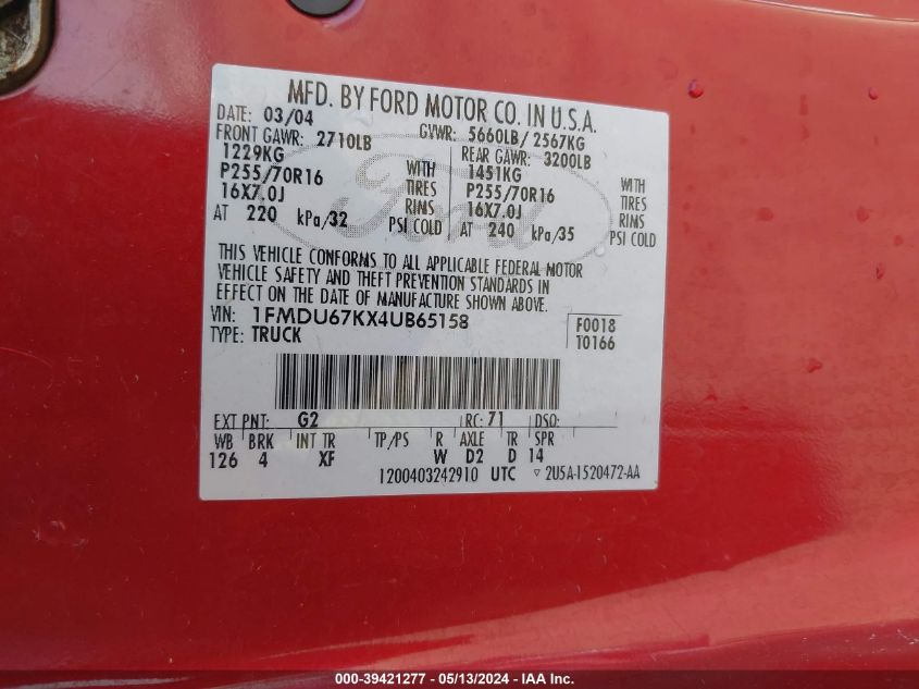 2004 Ford Explorer Sport Trac Adrenalin/Xls/Xlt VIN: 1FMDU67KX4UB65158 Lot: 39421277