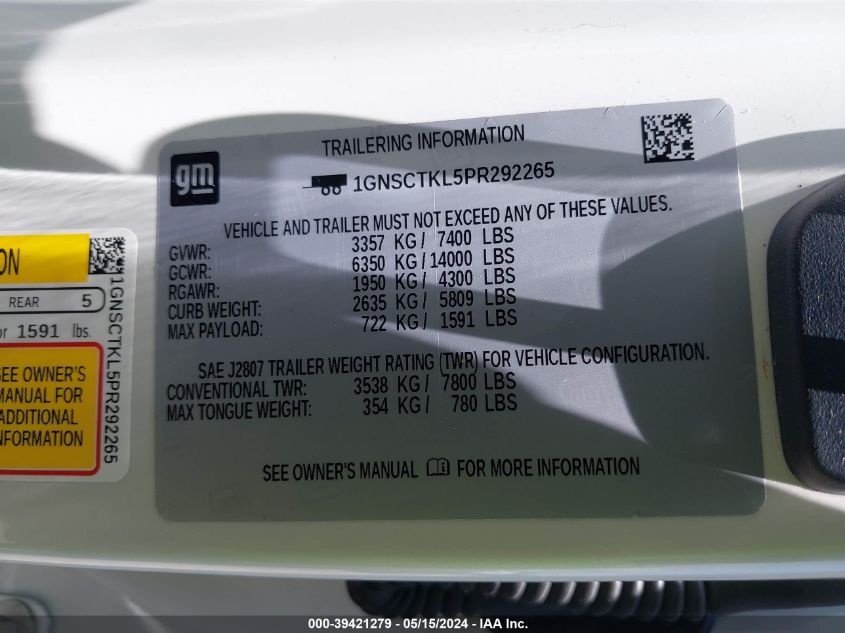 2023 Chevrolet Tahoe 2Wd High Country VIN: 1GNSCTKL5PR292265 Lot: 39421279