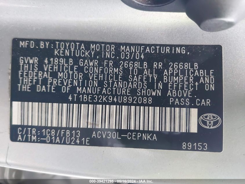 2004 Toyota Camry Le VIN: 4T1BE32K94U892088 Lot: 39421295