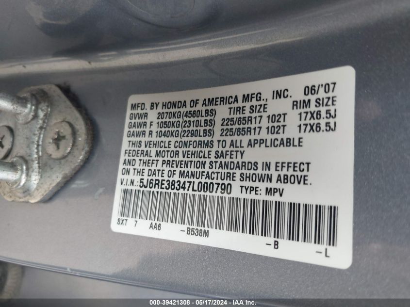 2007 Honda Cr-V Lx VIN: 5J6RE38347L000790 Lot: 39421308