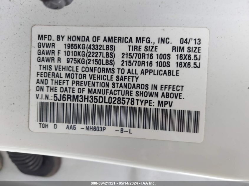 2013 HONDA CR-V LX - 5J6RM3H35DL028578