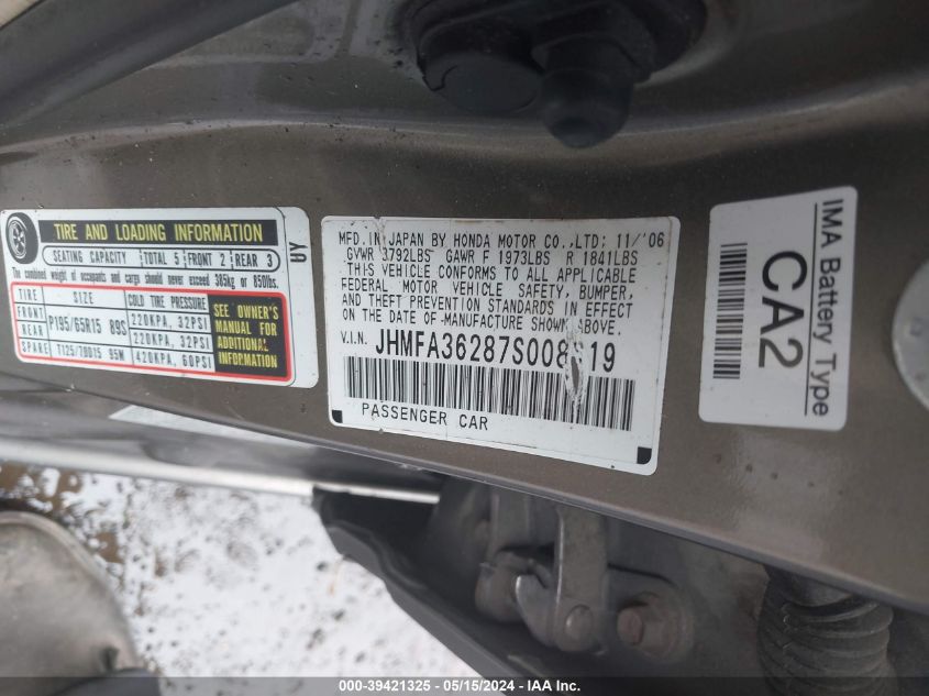 2007 Honda Civic Hybrid VIN: JHMFA36287S008619 Lot: 39421325