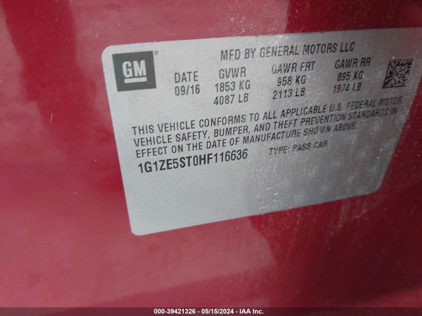 2017 Chevrolet Malibu 1Lt VIN: 1G1ZE5ST0HF116636 Lot: 39421326