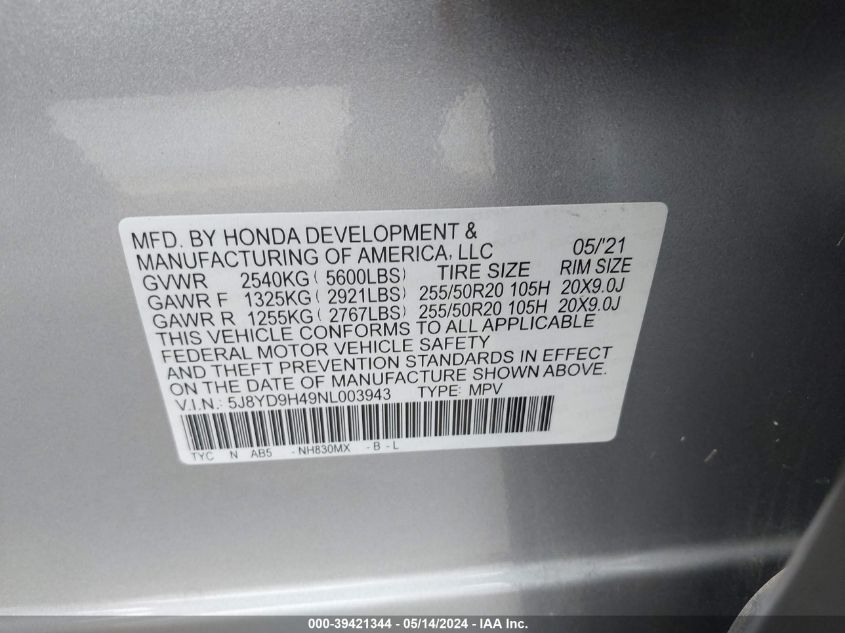 2022 Acura Mdx Technology Package VIN: 5J8YD9H49NL003943 Lot: 39421344