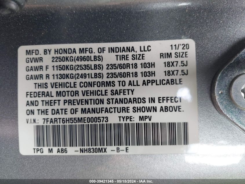 2021 Honda Cr-V Ex VIN: 7FART6H55ME000573 Lot: 39421345