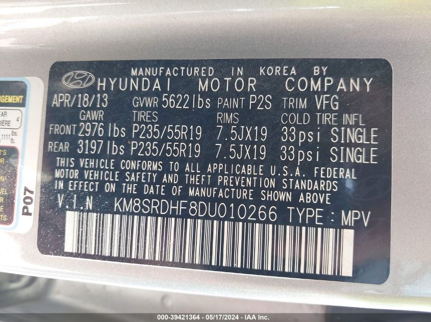 2013 Hyundai Santa Fe Limited VIN: KM8SRDHF8DU010266 Lot: 39421364