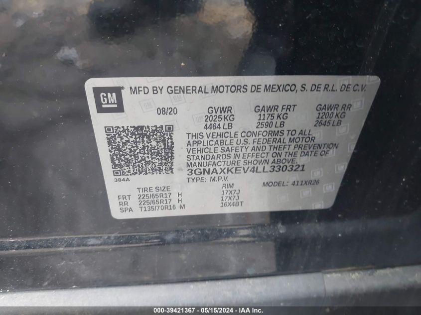 2020 Chevrolet Equinox Fwd Lt 1.5L Turbo VIN: 3GNAXKEV4LL330321 Lot: 39421367