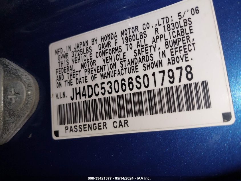 2006 Acura Rsx Type S VIN: JH4DC53066S017978 Lot: 39421377