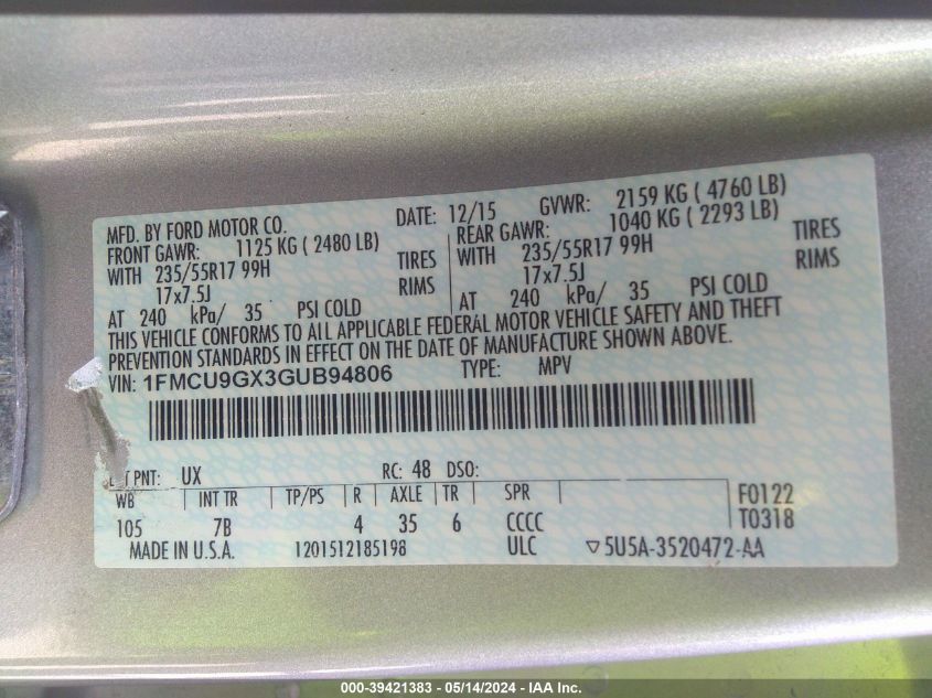 2016 Ford Escape Se VIN: 1FMCU9GX3GUB94806 Lot: 39421383