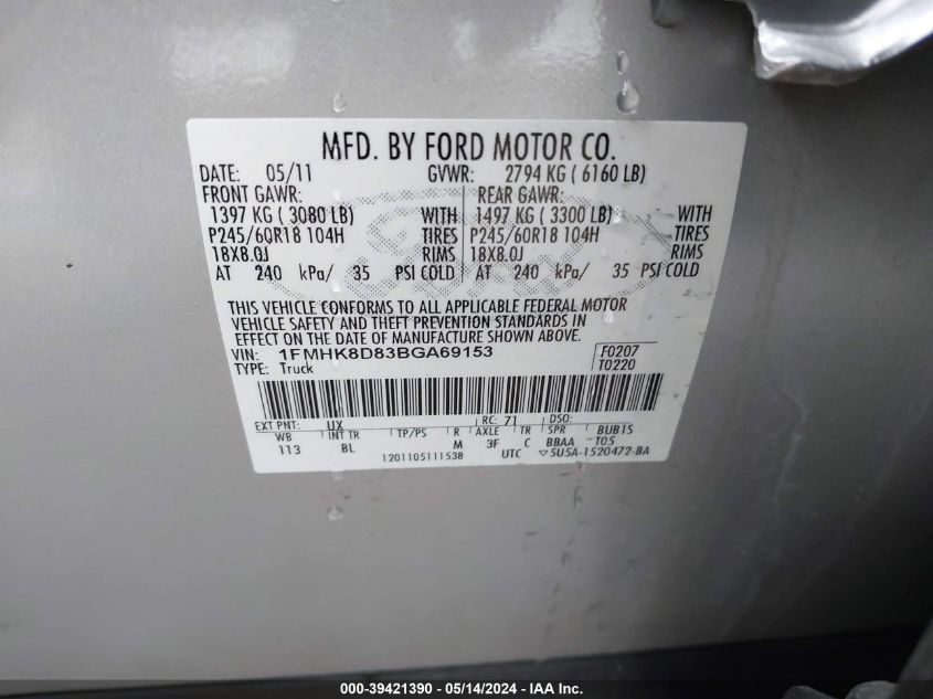 2011 Ford Explorer Xlt VIN: 1FMHK8D83BGA69153 Lot: 39421390