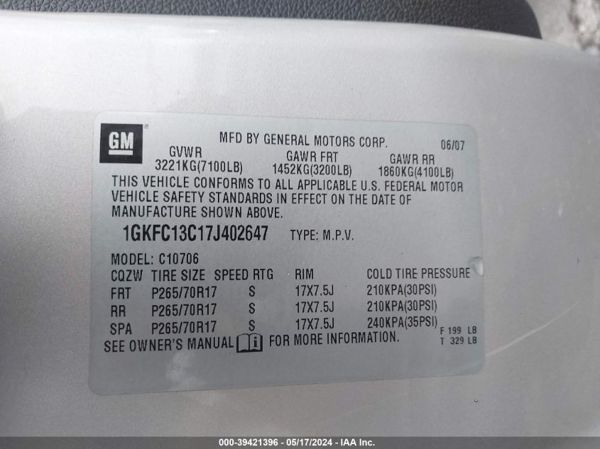 2007 GMC Yukon Commercial Fleet VIN: 1GKFC13C17J402647 Lot: 39421396