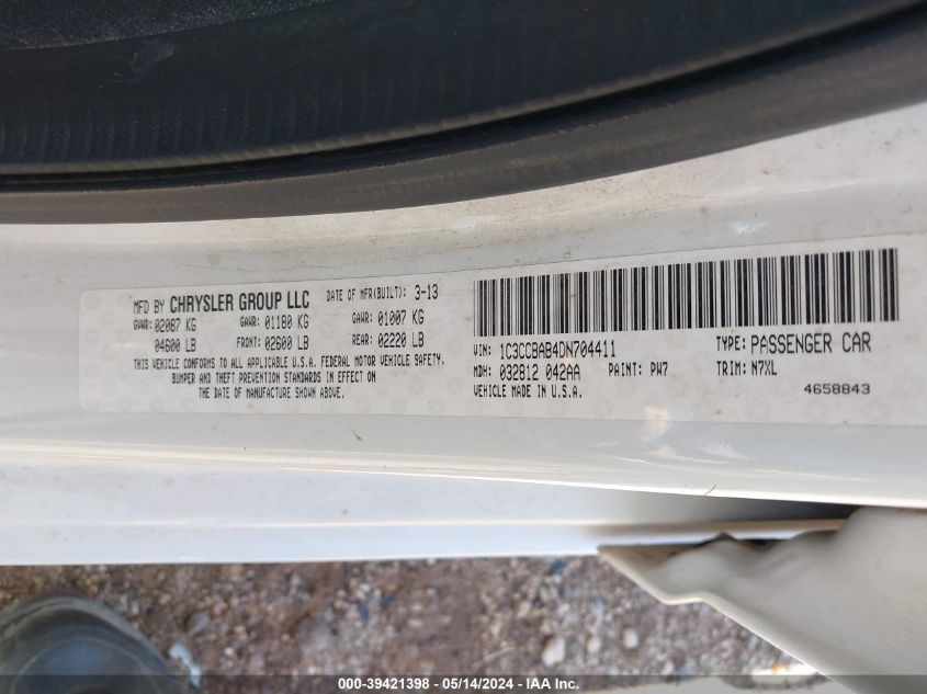 2013 Chrysler 200 Lx VIN: 1C3CCBAB4DN704411 Lot: 39421398