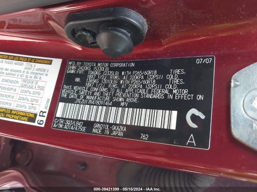 2007 Toyota 4Runner Limited V6 VIN: JTEZU17R478091464 Lot: 39421399