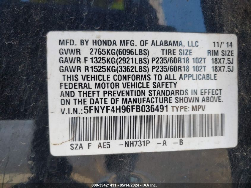 2015 Honda Pilot Touring VIN: 5FNYF4H96FB036491 Lot: 39421411