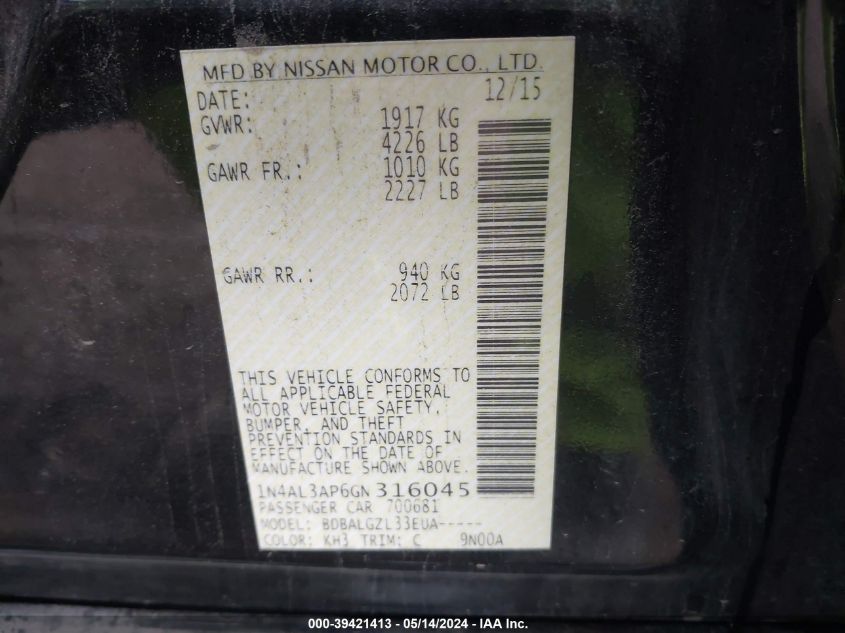 2016 Nissan Altima 2.5/2.5 S/2.5 Sl/2.5 Sr/2.5 Sv VIN: 1N4AL3AP6GN316045 Lot: 39421413
